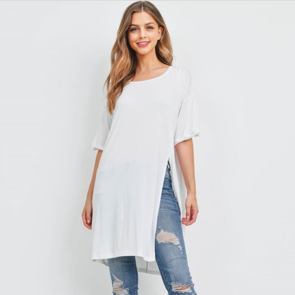 White Side Slit Scoop Neck Top – Drop Shoulder, Relaxed Fit, All Season